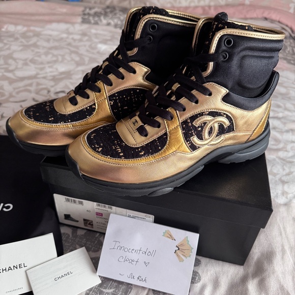 CHANEL Black and Gold High-Top Sneakers - Picture 1 of 9